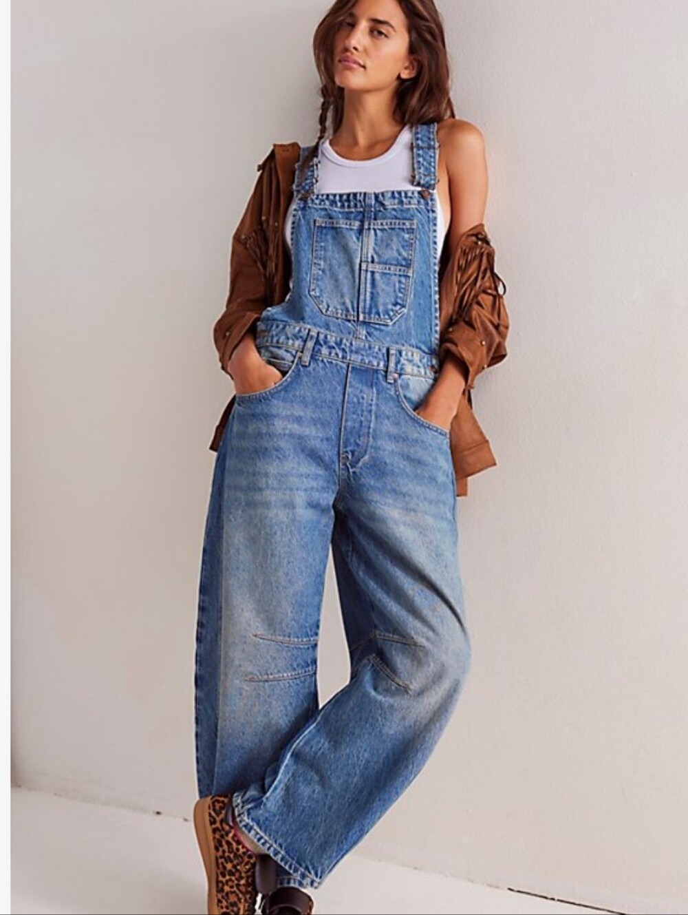 Free People Good Luck Barrel Leg Overalls Blue Cotton Denim XL Farm